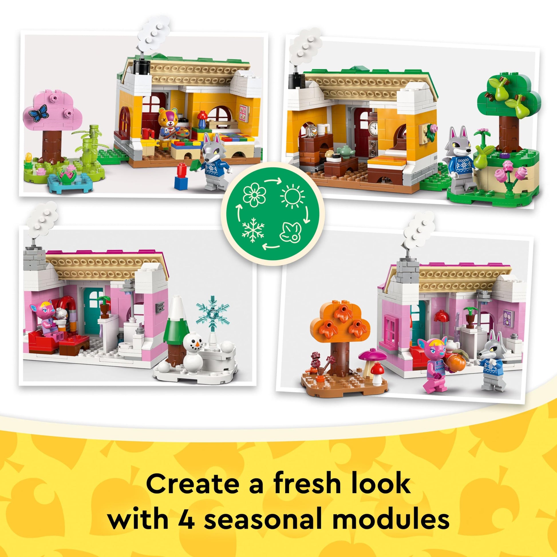 LEGO Animal Crossing Creative Houses set featuring Fuchsia and Fang minifigures with two house models for imaginative play.