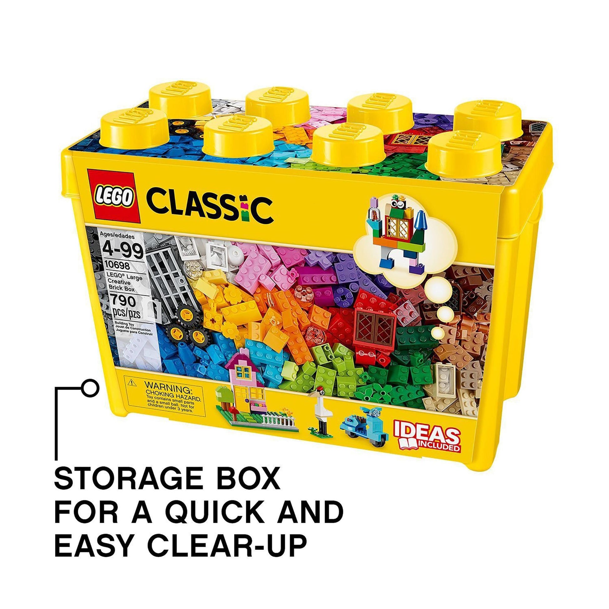 LEGO Classic Large Creative Brick Storage Box with colorful bricks, windows, doors, wheels, and a green baseplate.