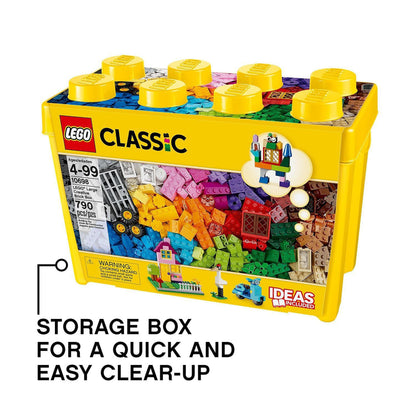 LEGO Classic Large Creative Brick Storage Box with colorful bricks, windows, doors, wheels, and a green baseplate.