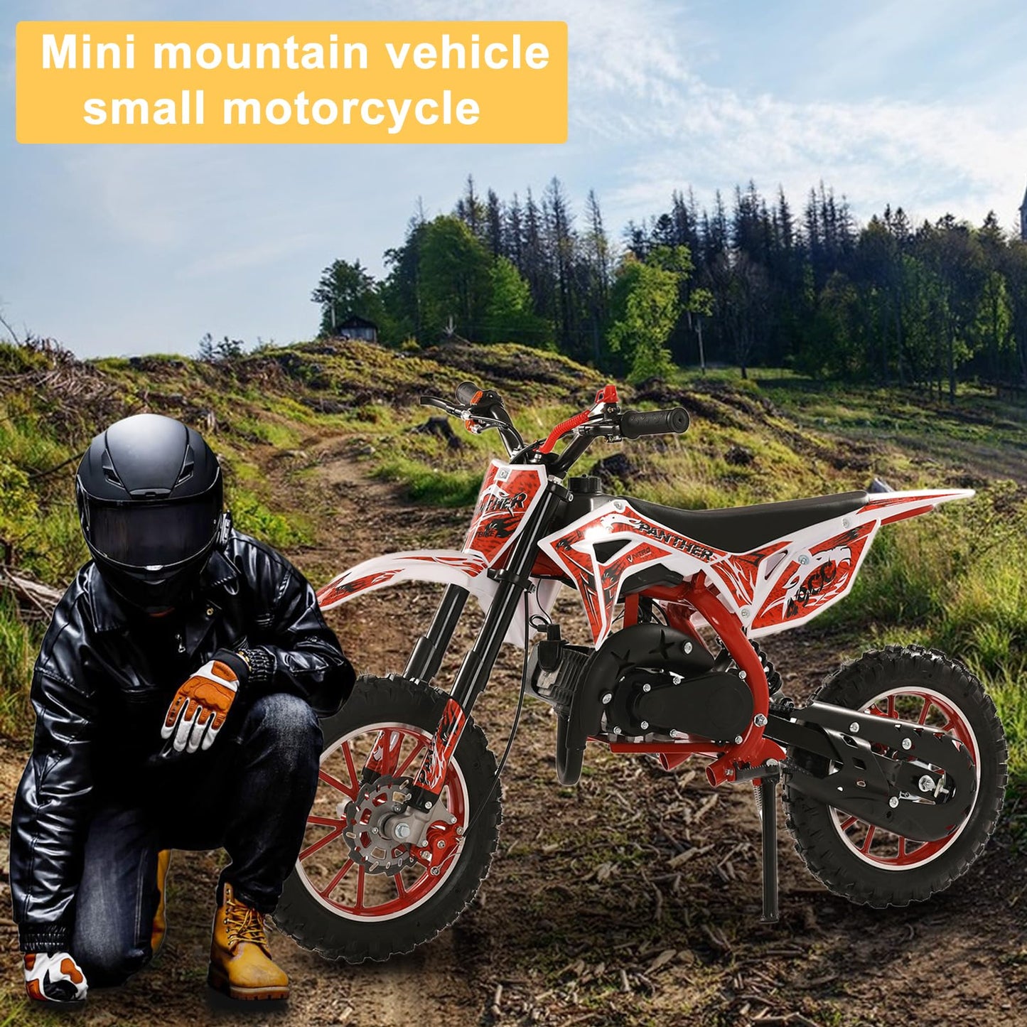 Loqifox 49cc kids dirt bike, gas-powered mini motorcycle with off-road tires, dual disc brakes, for children ages 8-12.
