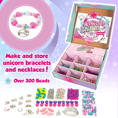 Unicorn Charm Jewellery | Create Beautiful Bracelets & Necklaces | Includes 10 Metal Charms And Over 300 Beads| Made With 100% Recycled Plastic | For Ages 4+