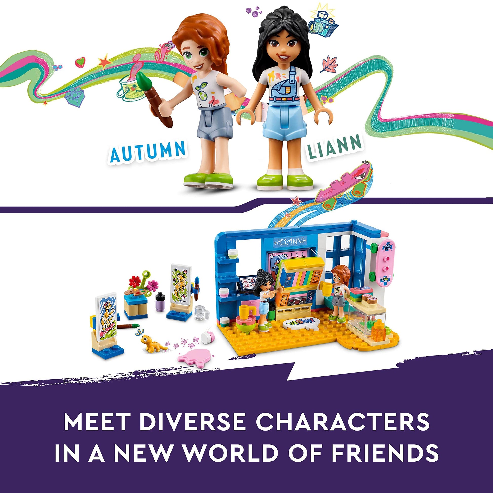 LEGO Friends Liann's Room playset featuring art-themed bedroom, gecko pet, and mini-dolls Liann and Autumn.