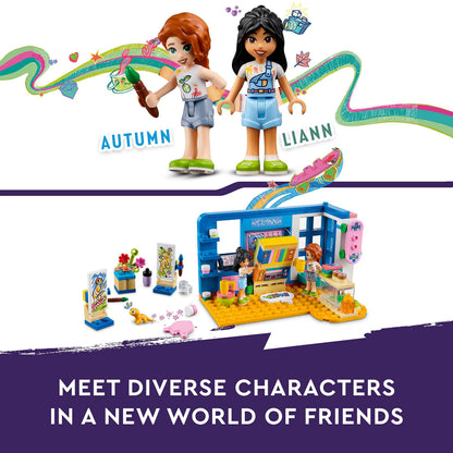LEGO Friends Liann's Room playset featuring art-themed bedroom, gecko pet, and mini-dolls Liann and Autumn.