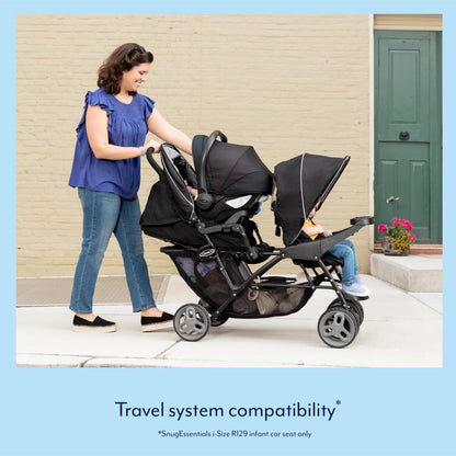 Graco Stadium Duo Tandem Double Pushchair - Suitable from birth to approx. 3 years (15kgs). Car Seat Compatible with SnugEssentials iSize infant car seat, Black/Grey fashion