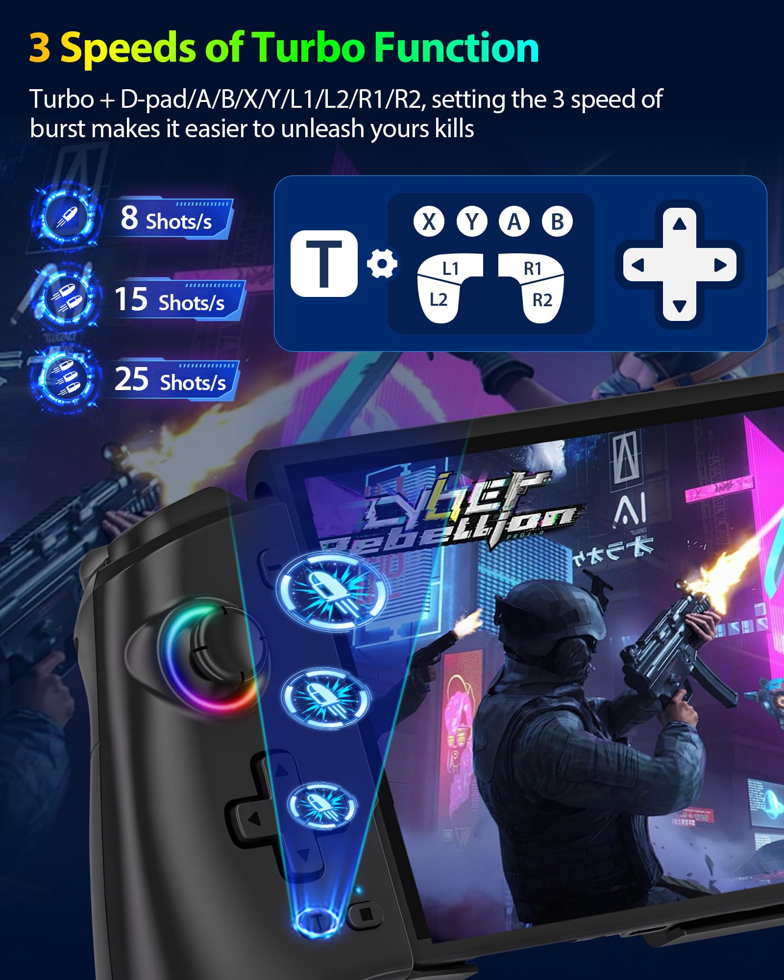 ZRZLMVP wireless Switch Pro controller with 16 RGB lights, stretchable design, hall effect joysticks, and programmable features.