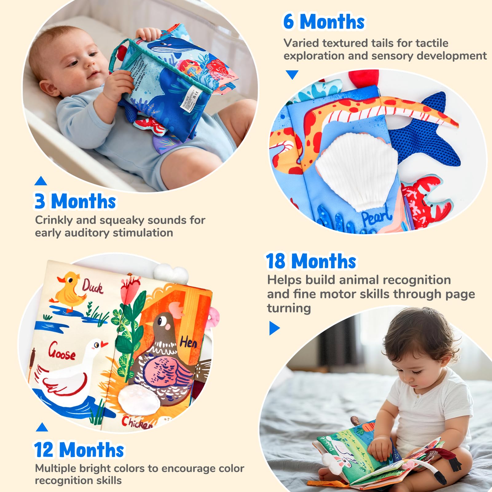 JoyCat baby sensory cloth books for 0-6 months, soft touch and crinkle fabric, ideal for tummy time and infant development.