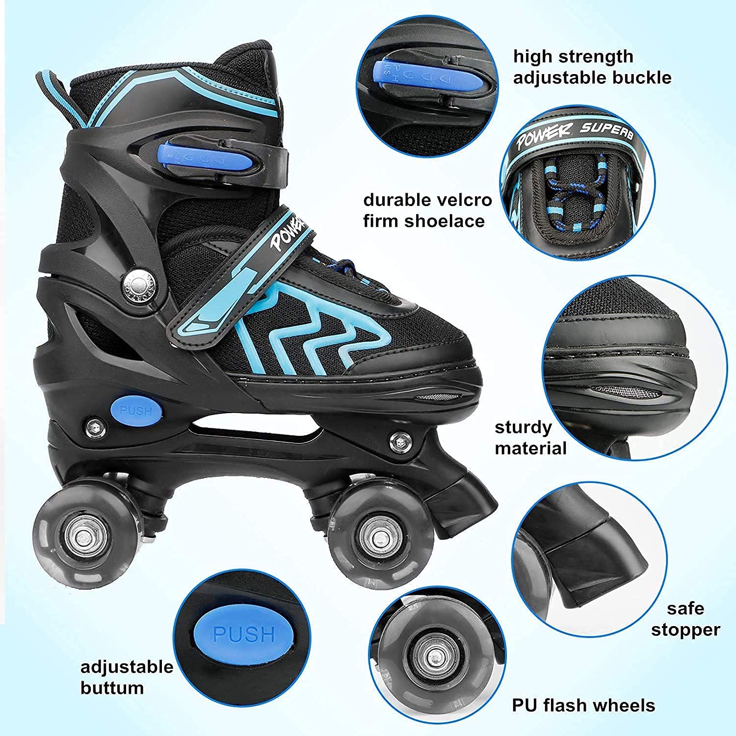 Kids adjustable roller skates by MGYZM with light-up wheels, suitable for indoor and outdoor use, ideal for beginners.