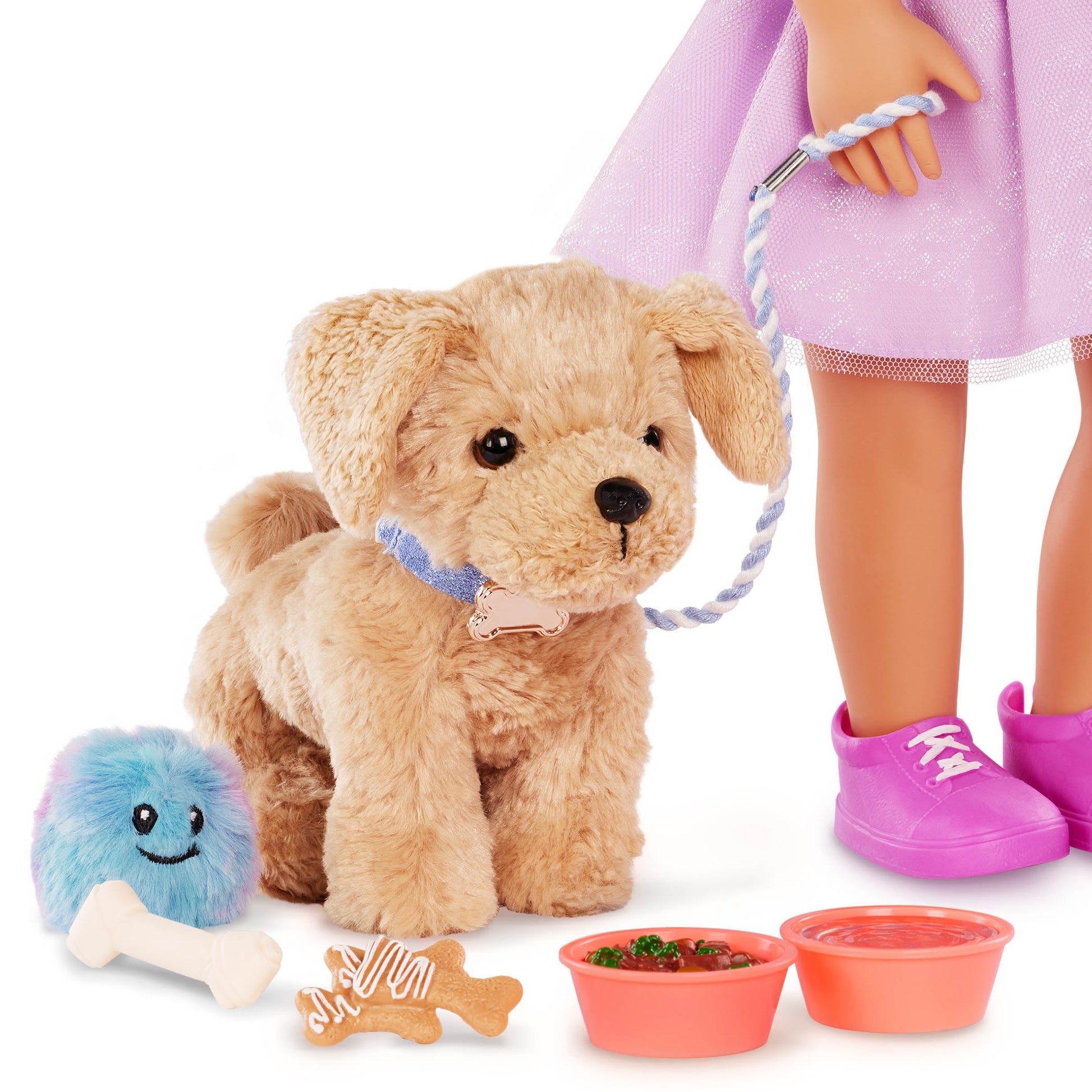 Our Generation Puppy Care & Play Set with dog accessories, soft bed, leash, and pretend food for 18-inch doll pets.