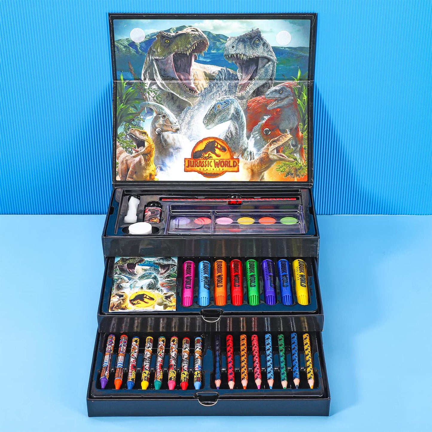 Zawadi Global Jurassic World Kids 52pc Colouring Art Stationery Set with Watercolour Felt Tip Pens Crayons and Pencils Travel Set for Children