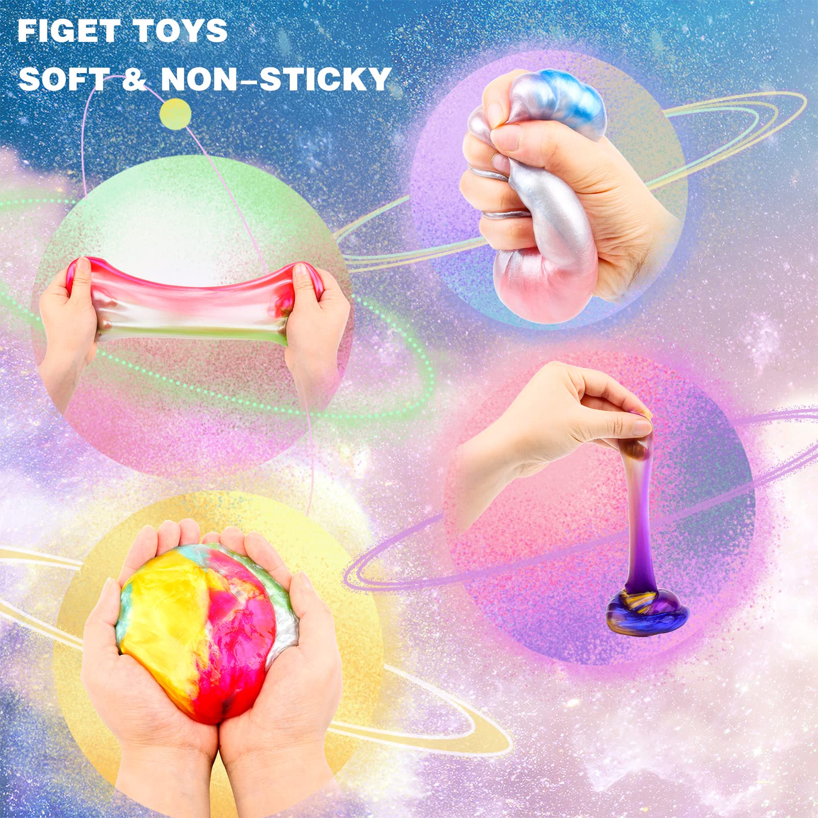 Four packs of Petyuioyu Galaxy Slime Kit for kids, soft, non-sticky slime perfect for stress relief and fun play.