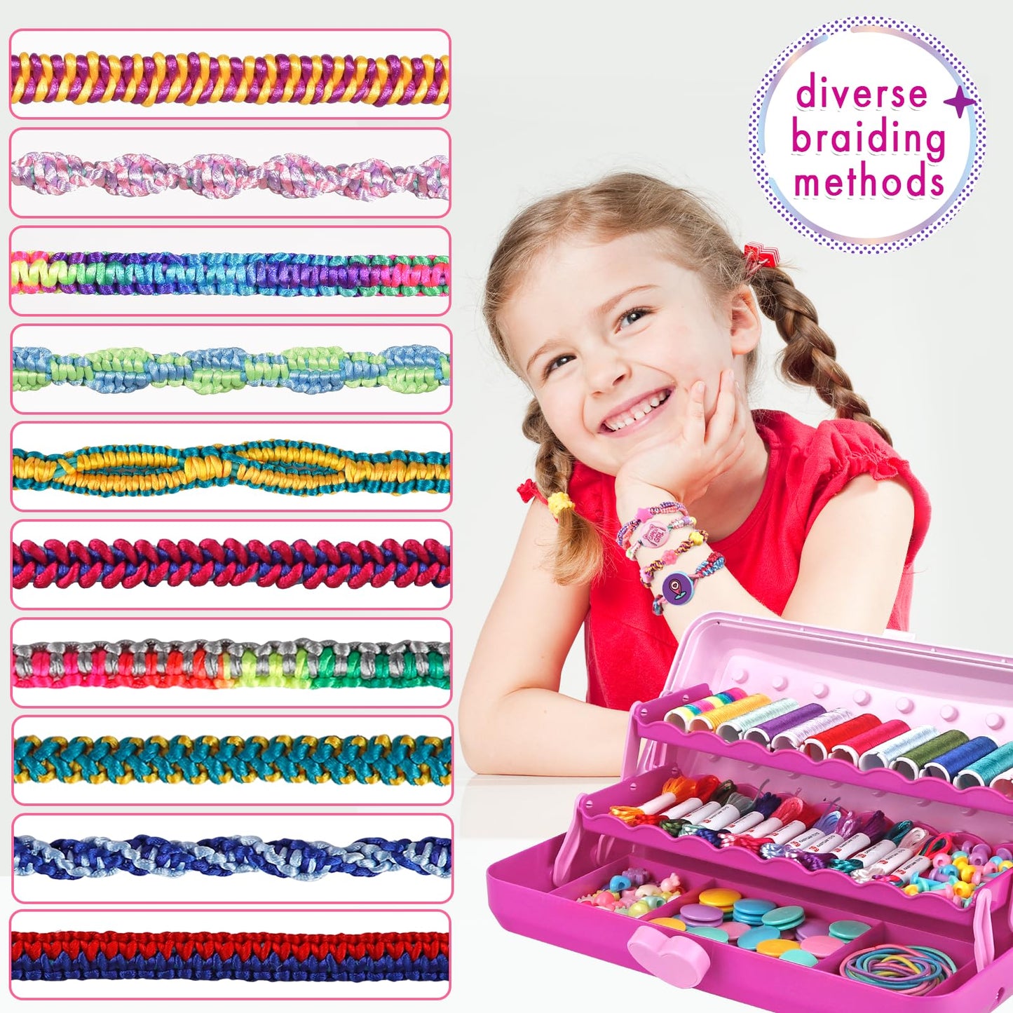 Friendship Bracelet Making Kit with Storage Box,DIY String Bracelet Arts and Craft for Girls Aged 8-12,Kids' Travel Activity Toy Set, Birthday Gifts for Ages 6 7 8 9 10 11 12 Year Old (Pink/Rose)