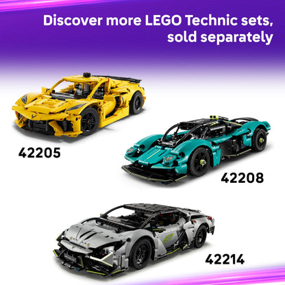 LEGO Technic Ferrari FXX K race car model featuring V12 engine, differential, and moving pistons for display and play.