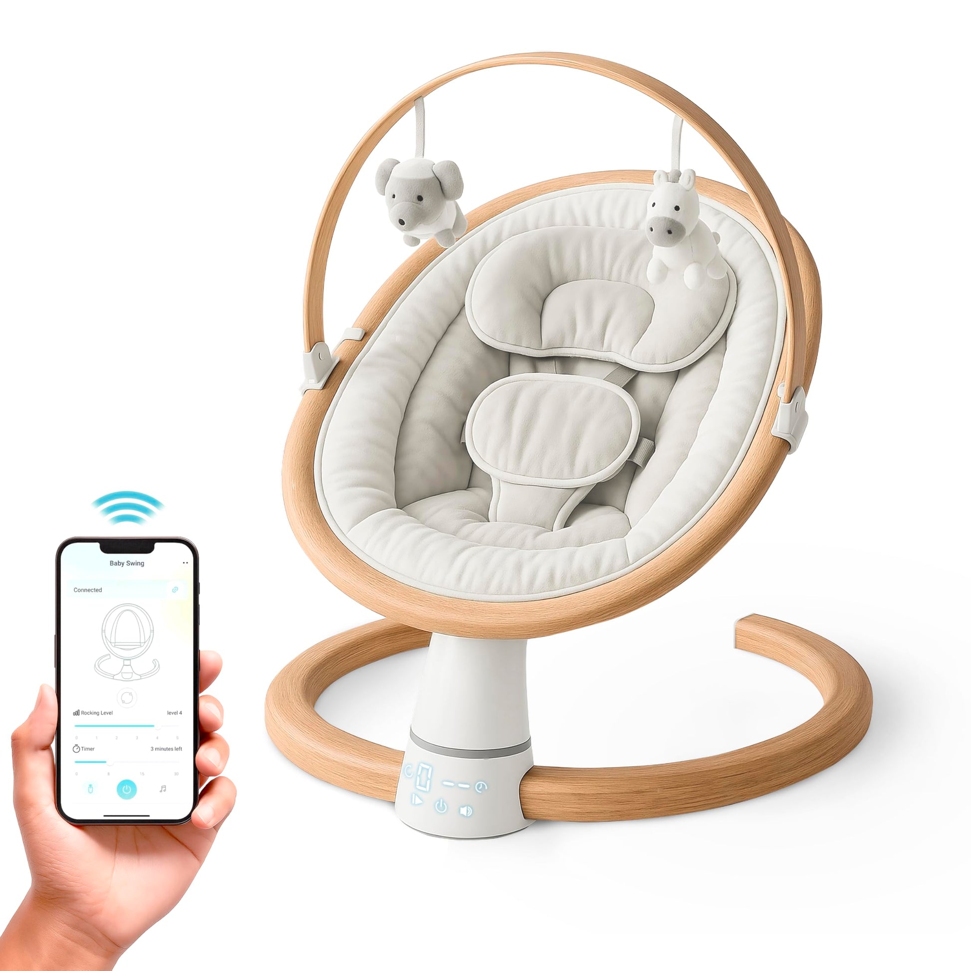 BooBoo Baby swing and bouncer seat with toy bar, Bluetooth audio, remote, and carry case, featuring a comfortable, portable design.
