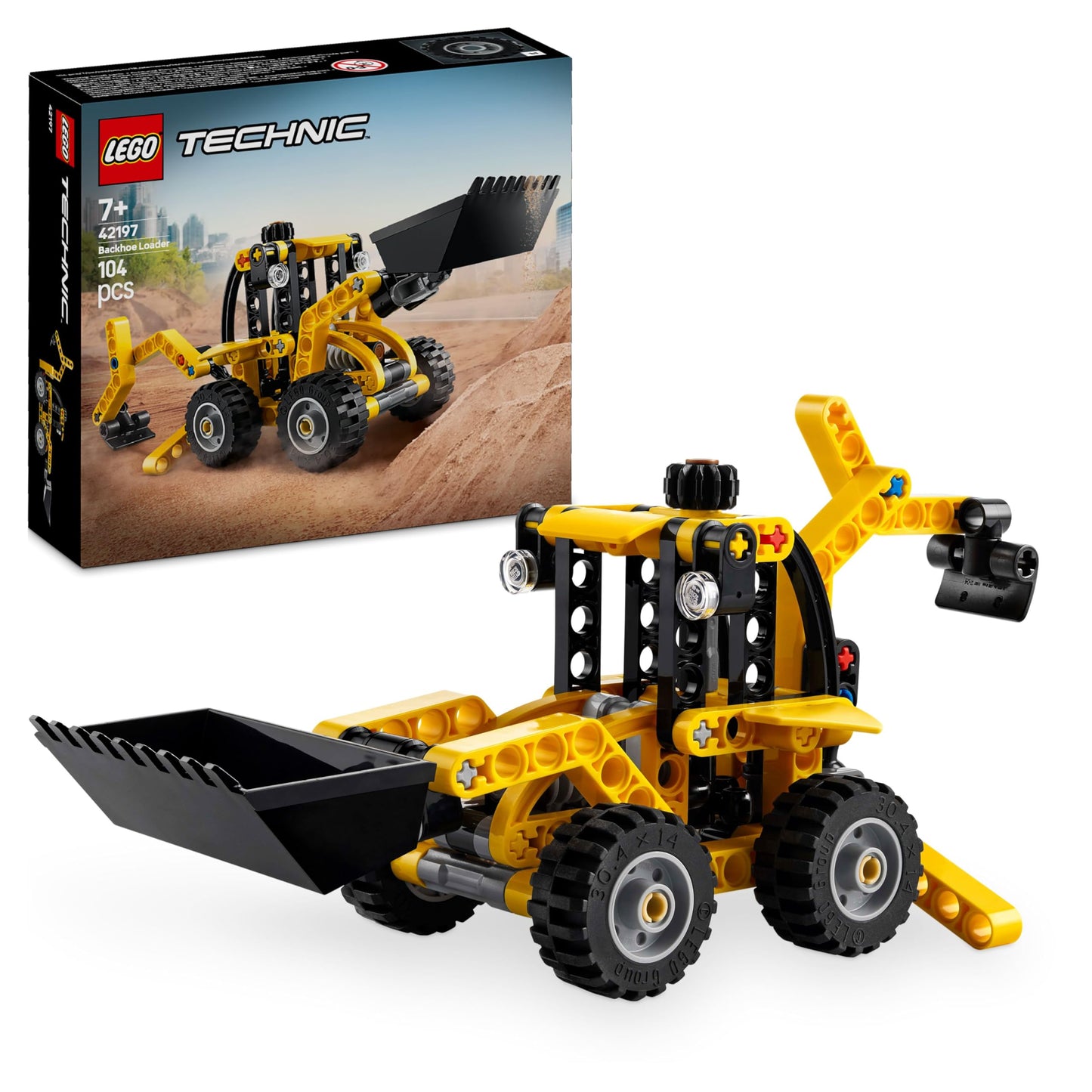 LEGO Technic Backhoe Loader toy with digger, scoop, and outriggers for kids aged 7 and up, on a white background.