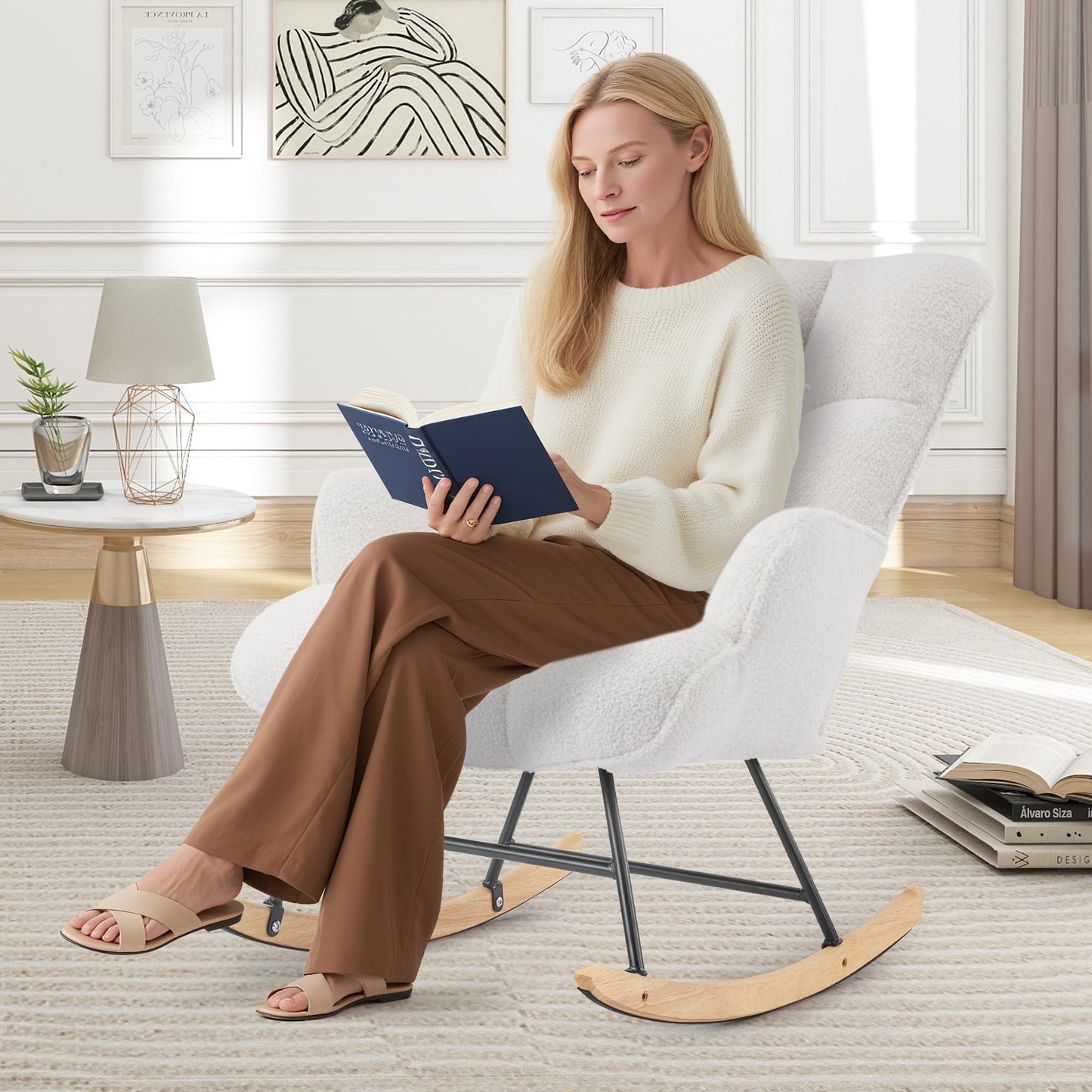 Aunekiv Rocking Chair for Nursery, Teddy Upholstered Glider Nursing Chair for Adults, Comfy Rocking Armchair Indoor for Living Room Bedroom, White