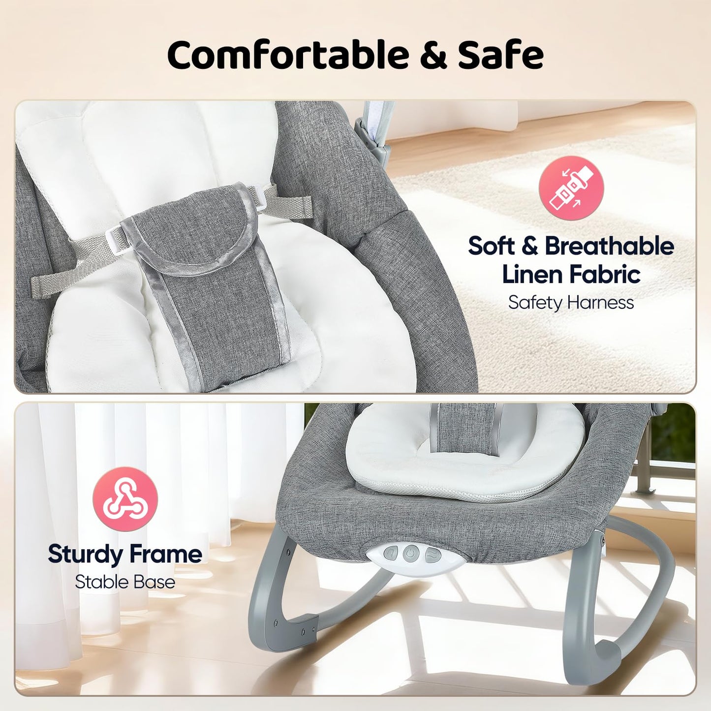 JoyCushy Baby Bouncer, Electric Baby Rocker from Birth Adjustable with Music and Vibration, Suitable for Newborns 0-6 Months Baby Bouncer with 3-Point Harness, Removable Toy Bar with 2 Toys