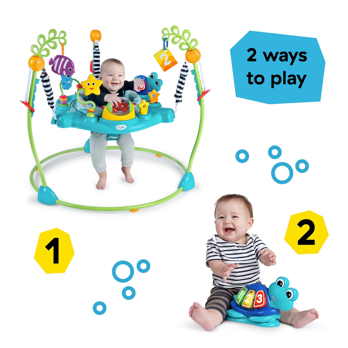 Baby Einstein Ocean Explorers Curiosity Cove 2-in-1 activity jumper and floor toy for babies 6-12 months, colorful ocean-themed playset.