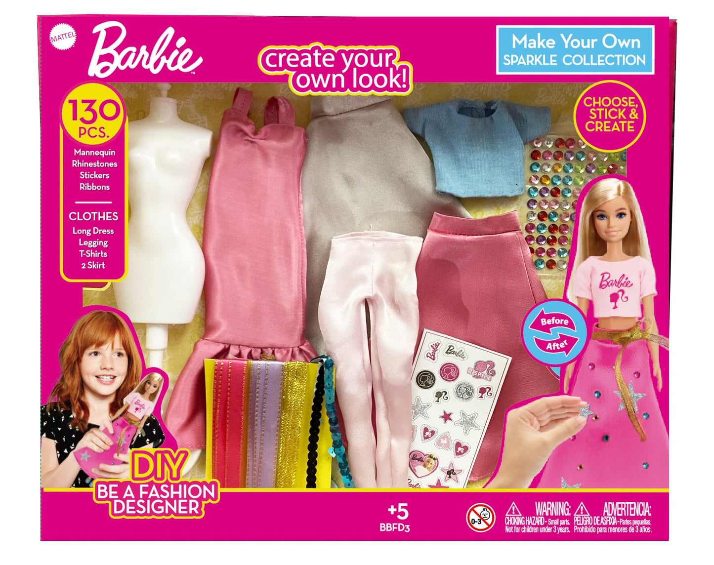 Barbie DIY Sparkle Fashion Designer Set with 130 pieces for designing doll clothes, featuring rhinestones, ribbons, and stickers.