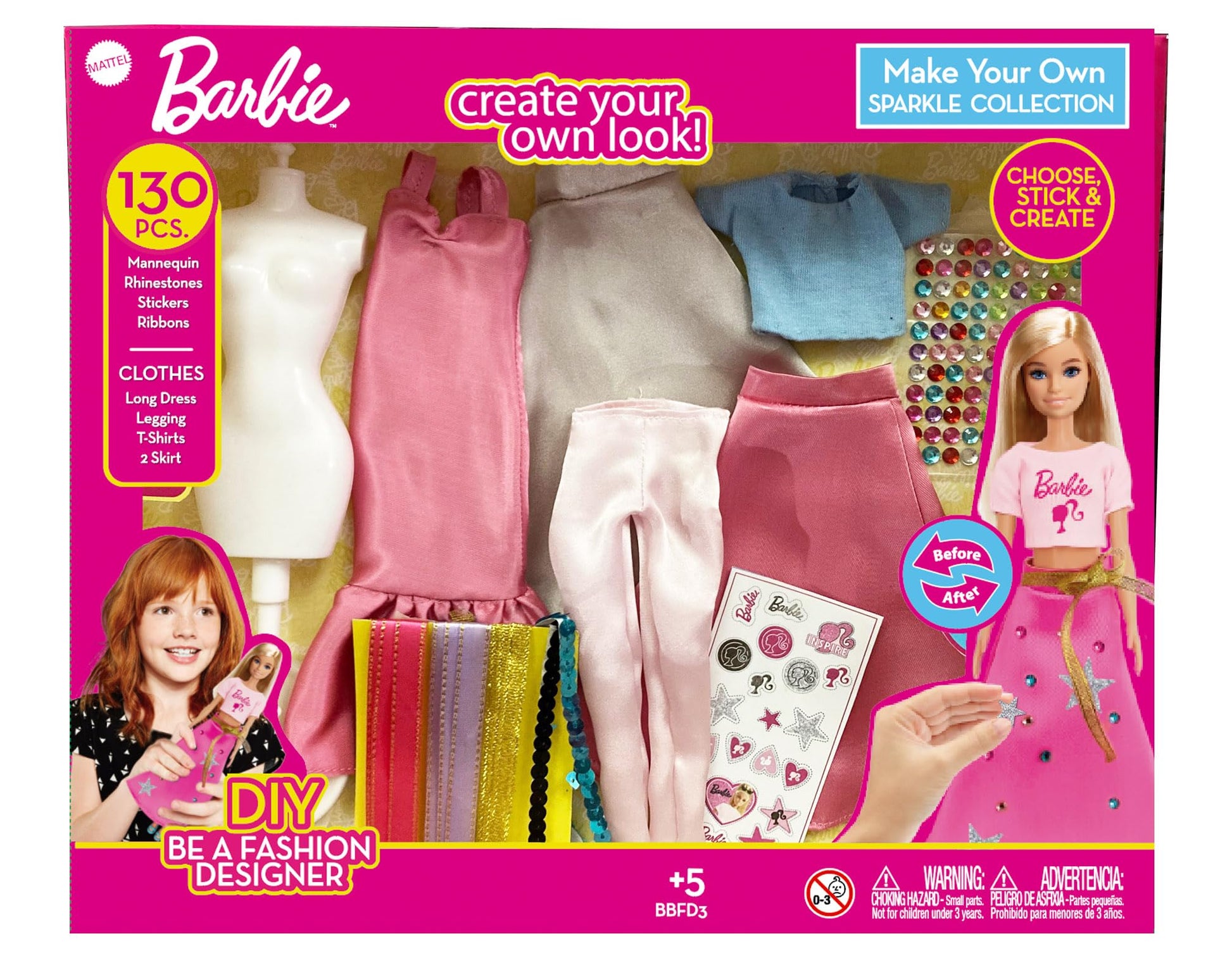 Barbie DIY Sparkle Fashion Designer Set with 130 pieces for designing doll clothes, featuring rhinestones, ribbons, and stickers.