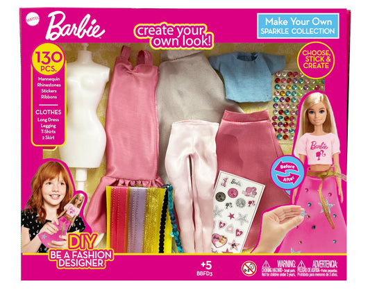 Barbie DIY Sparkle Fashion Designer Set with 130 pieces for designing doll clothes, featuring rhinestones, ribbons, and stickers.