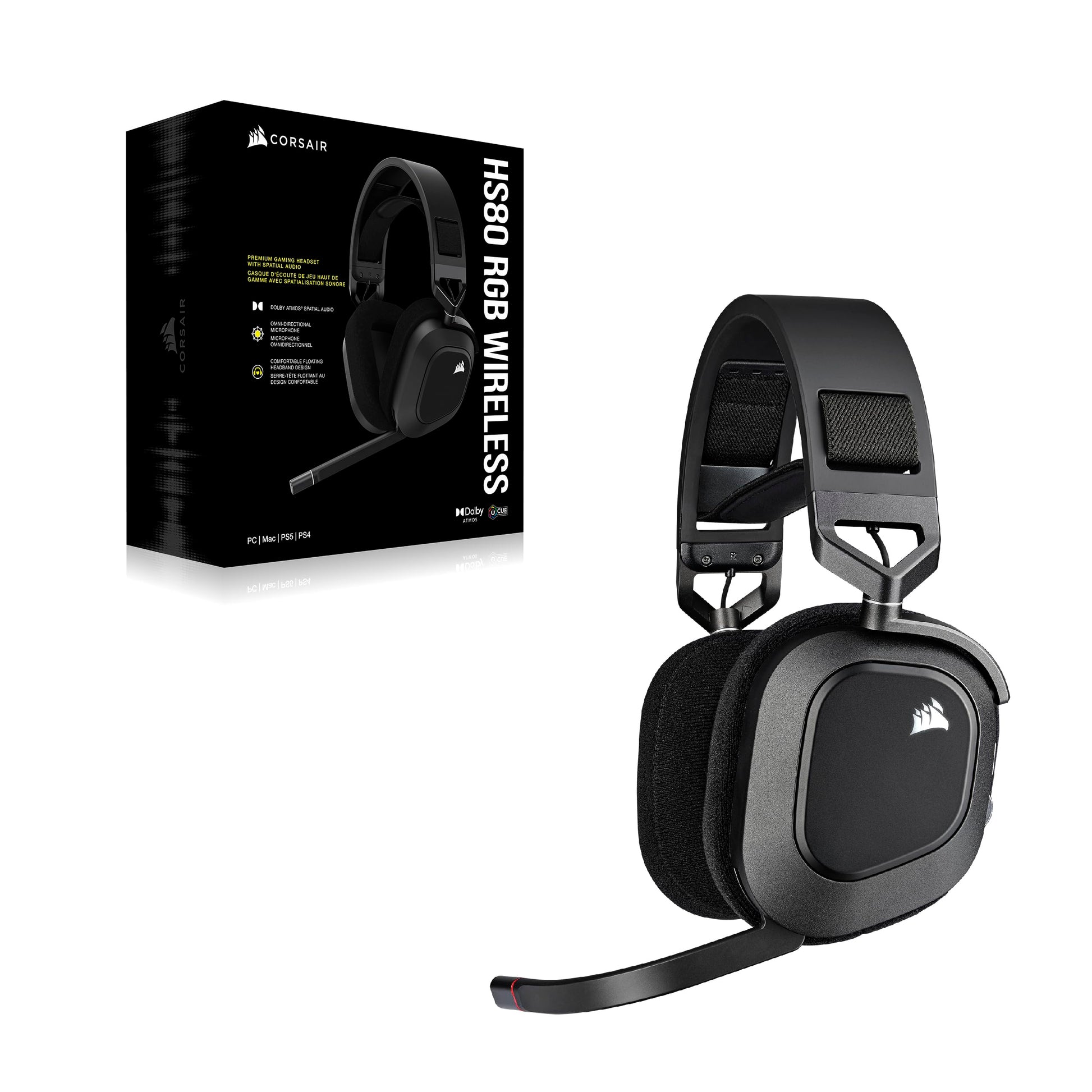 Corsair HS80 RGB Wireless Gaming Headset with Dolby Atmos, omni-directional mic, iCUE compatible, in black carbon color.