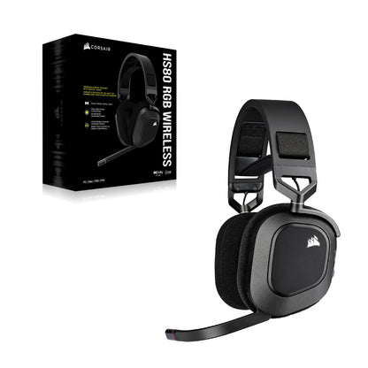 Corsair HS80 RGB Wireless Gaming Headset with Dolby Atmos, omni-directional mic, iCUE compatible, in black carbon color.