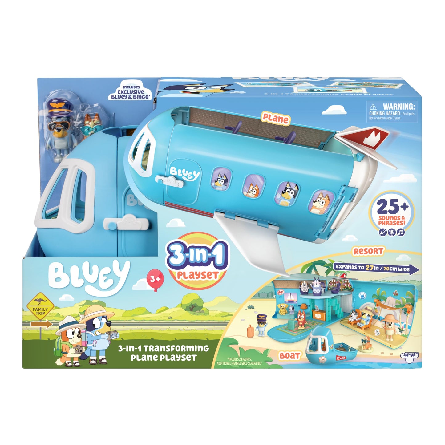 Bluey 3-in-1 Transforming Plane Playset, Transforms From A Plane To A Resort and a Boat! Opens Up To Expand Out To A 27 Inch/ 70cm Wide Holiday Vacation Resort Playset, Over 25 Sounds And Phrases