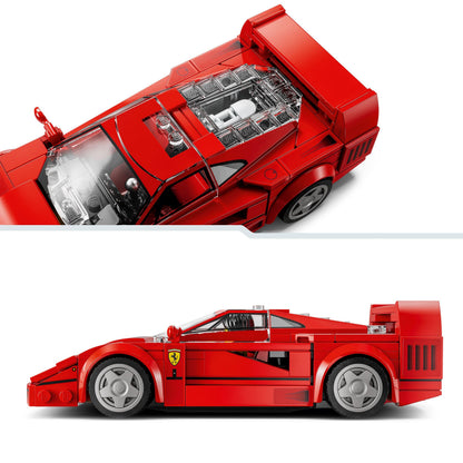 LEGO Speed Champions Ferrari F40 model car with driver minifigure, vibrant red buildable toy for kids 9 and up.