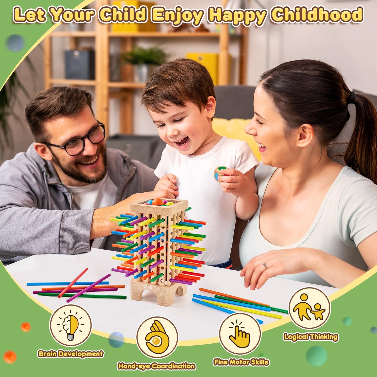 Wooden Board Game Montessori Toys, 42 Colourful Sticks Dice Game Math Educational Toy, Family Fun Ball Dropping Game, 1 to 6 Players Fine Motor Skills Travel Games for 3 4 5 6 Years Old Boy Girl