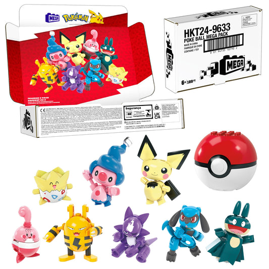 MEGA Pokémon building toys set featuring 8 articulated characters, 189 pieces, 2 inches tall, ideal for kids.