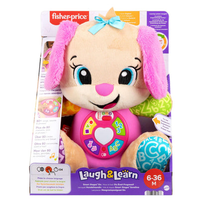 Fisher-Price Laugh & Learn Soft Plush Baby Toy with musical features and Smart Stages, in pink for infants 6+ months.
