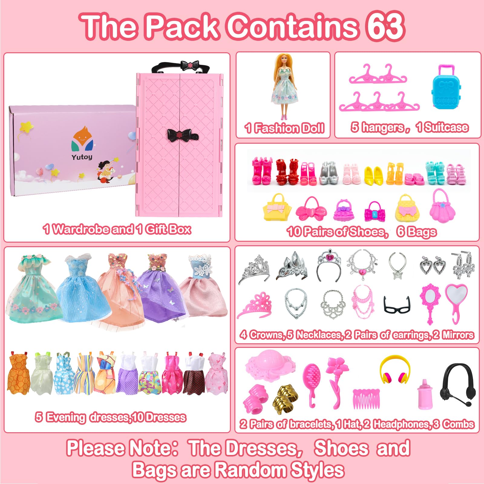Yutoy dolls wardrobe set with pink closet, 63 accessories for 11.5-inch girl dolls, including dresses, shoes, and bags.