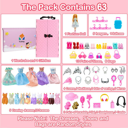 Yutoy dolls wardrobe set with pink closet, 63 accessories for 11.5-inch girl dolls, including dresses, shoes, and bags.