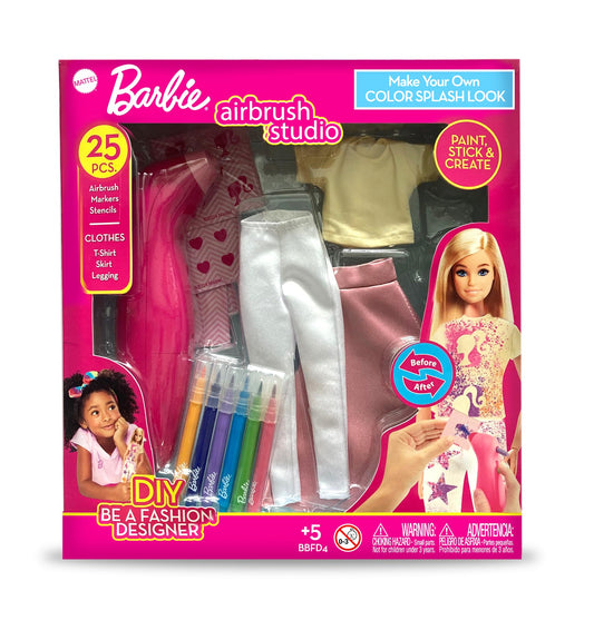 Barbie DIY Airbrush Studio – 25-Piece Color Splash Fashion Kit | Design Barbie Clothes for Dolls with Airbrush, Markers, Stencils, and Outfits | Creative Toy for Girls Ages 5+