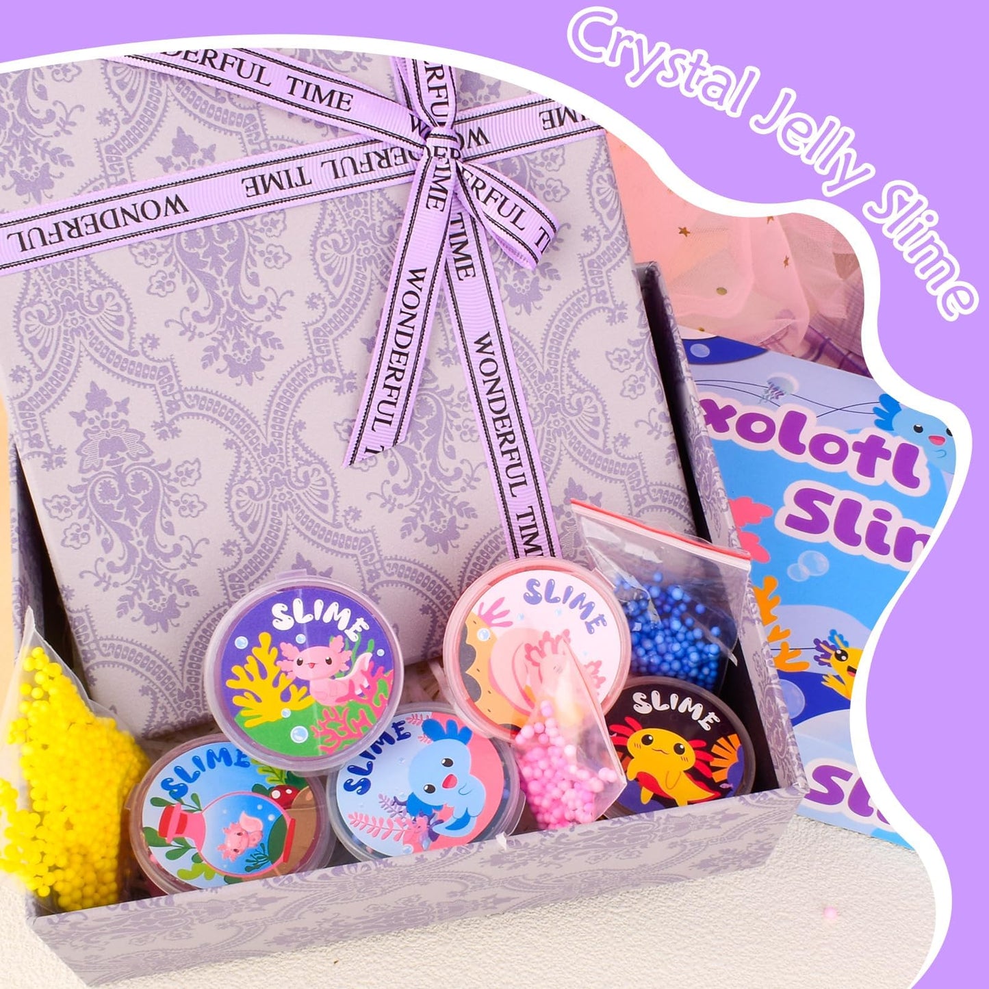 15-pack Axolotl slime kit with colorful cloud, butter, and clear slime, featuring Axolotl charms, soft and stretchy for kids.
