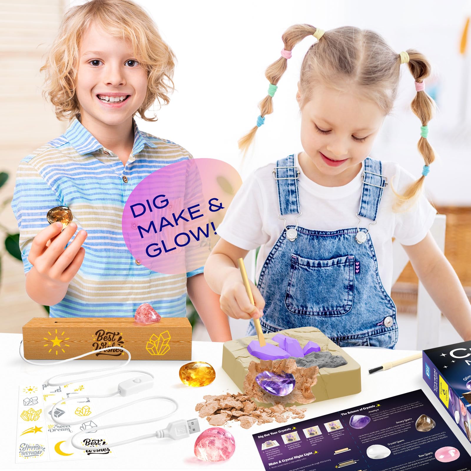 EggBox Gemstone Dig Kit with real gemstones, crystals, night light, and tools for kids ages 3+ to 10, educational science toy.
