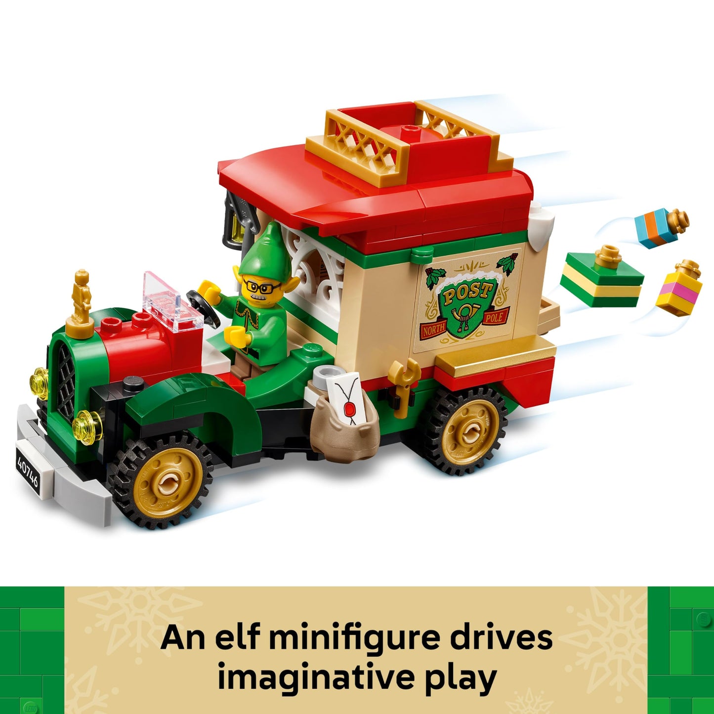 LEGO Santa's Delivery Truck toy with Christmas tree, presents, and decorations, ideal for festive play and display.