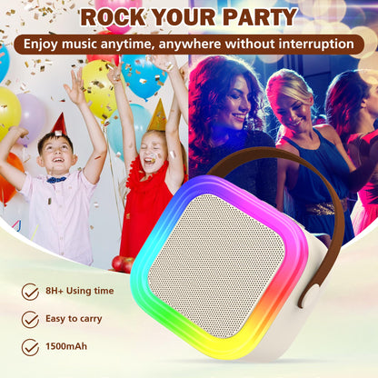 Koolcover mini karaoke machine for kids and adults with Bluetooth speaker and two wireless microphones, beige portable toy for parties