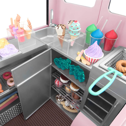 Our Generation pink ice cream truck playset with 129 accessories for 18-inch girl dolls, featuring vibrant details.
