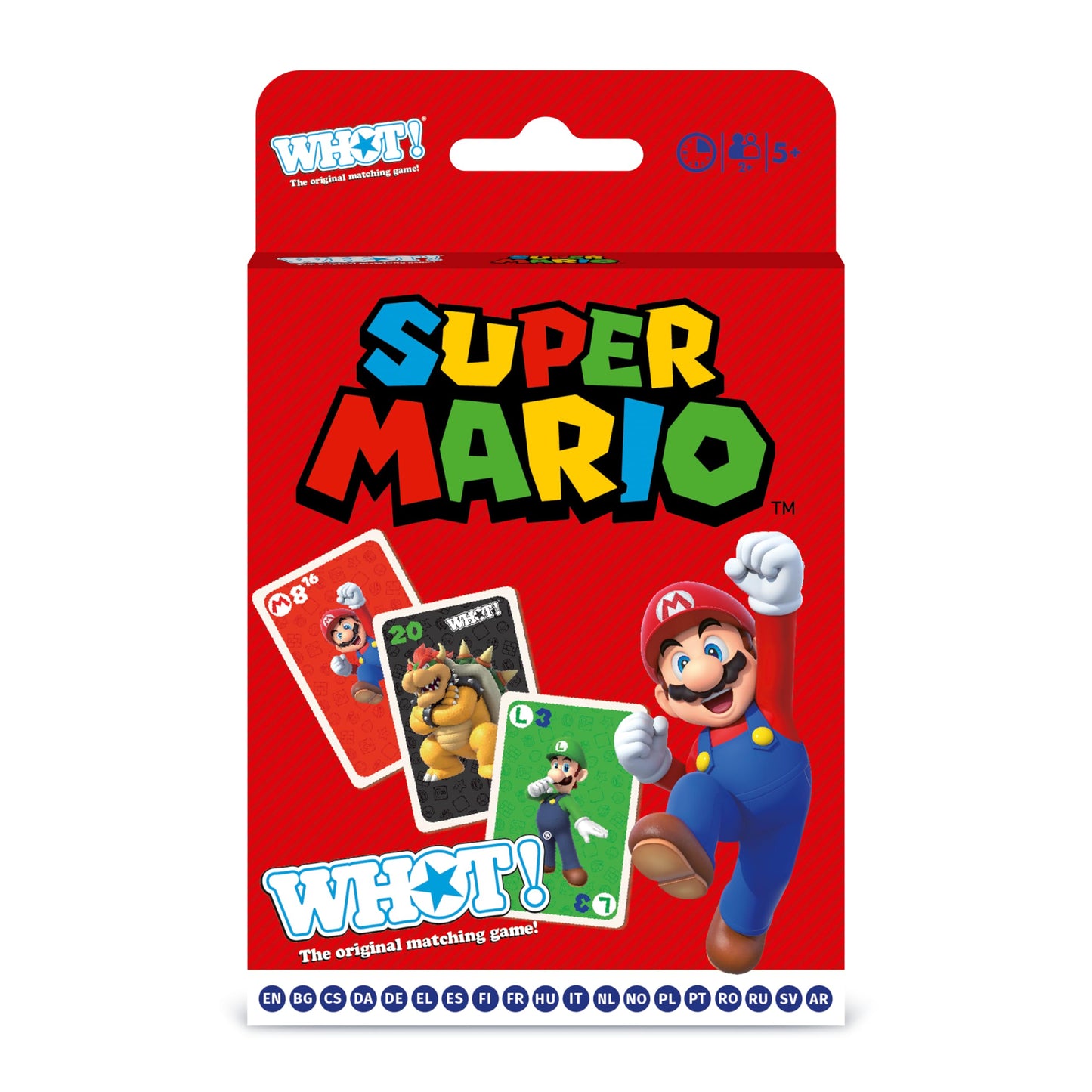 Waddingtons Number 1 Super Mario WHOT! card game featuring Mario, Luigi, Yoshi, Peach, and Toad with colorful character cards for ages 5+