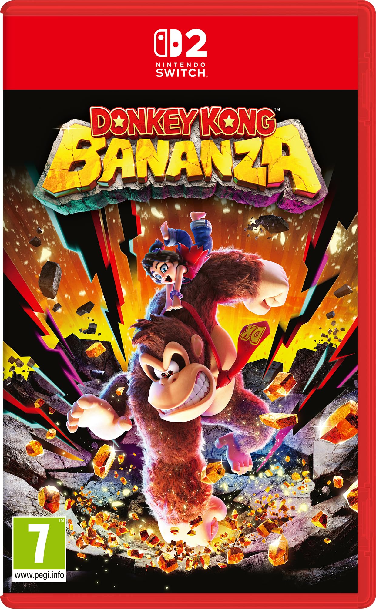 Nintendo Switch 2 Donkey Kong Bananza game cartridge showing colorful box art and game title.
