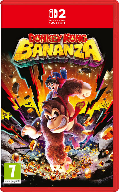Nintendo Switch 2 Donkey Kong Bananza game cartridge showing colorful box art and game title.