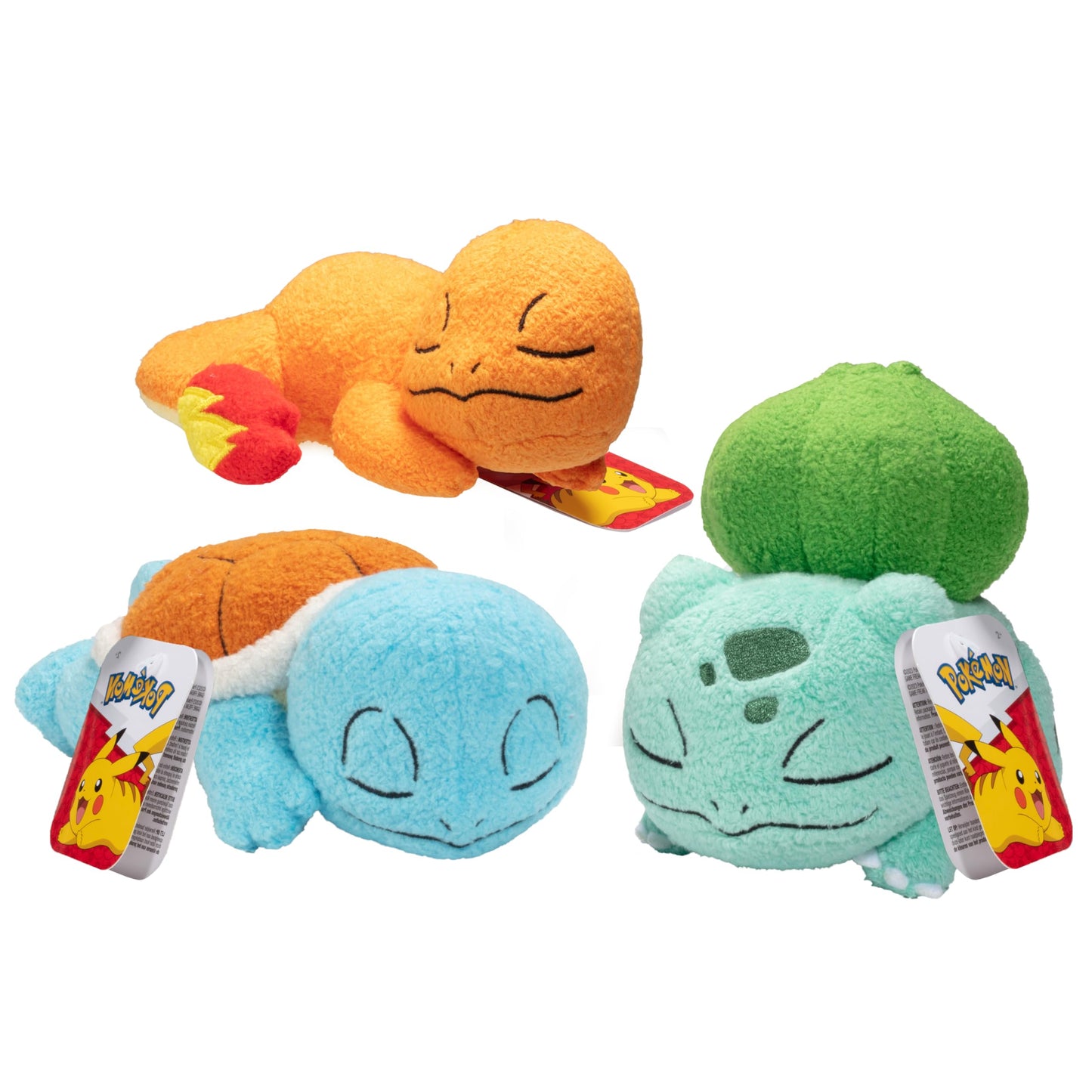 5-inch Pokémon sleeping plush featuring Bulbasaur, Charmander, and Squirtle in soft, cuddly designs.