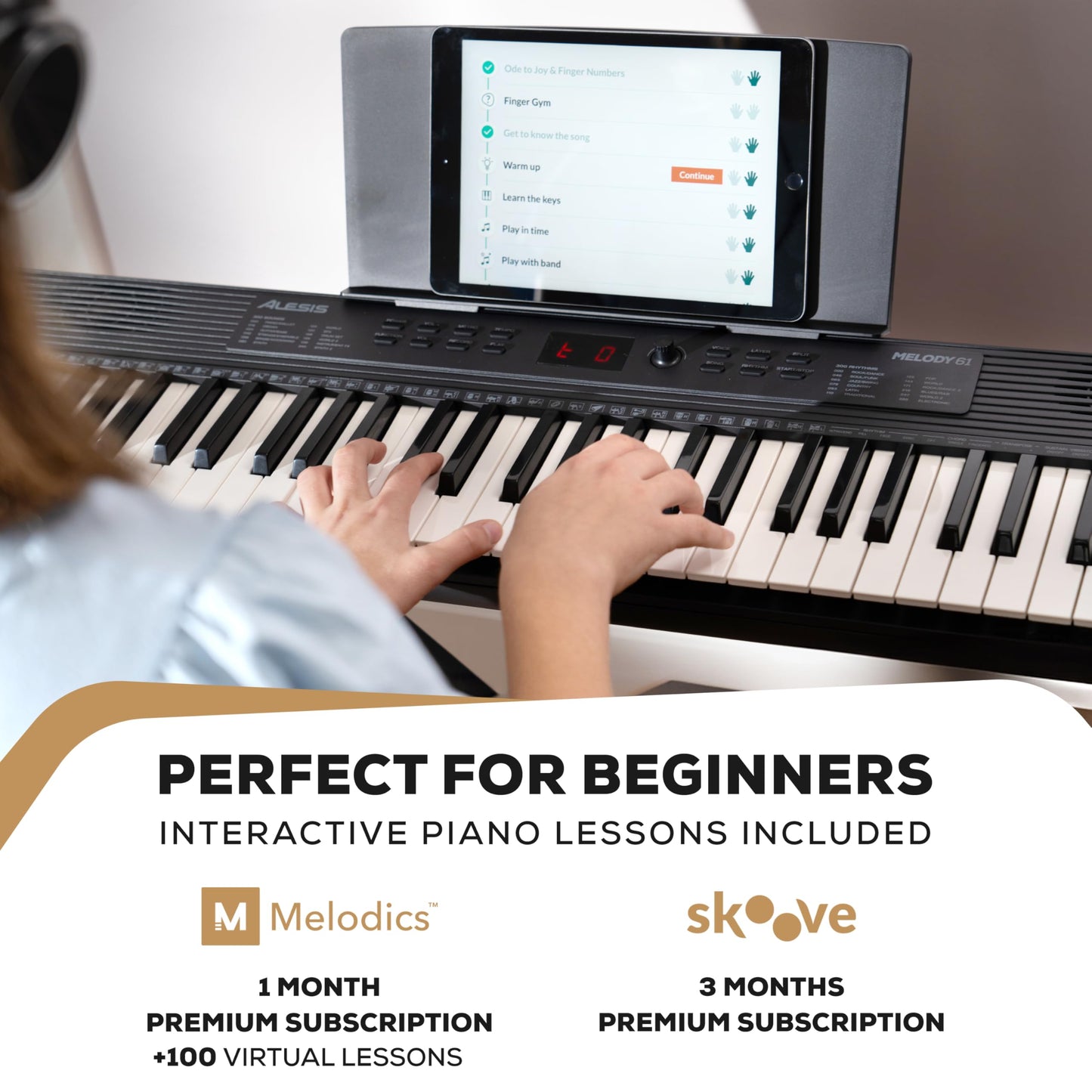 Alesis Melody 61 keyboard piano for beginners with 61 keys, speakers, stand, bench, headphones, and tablet/music stand.