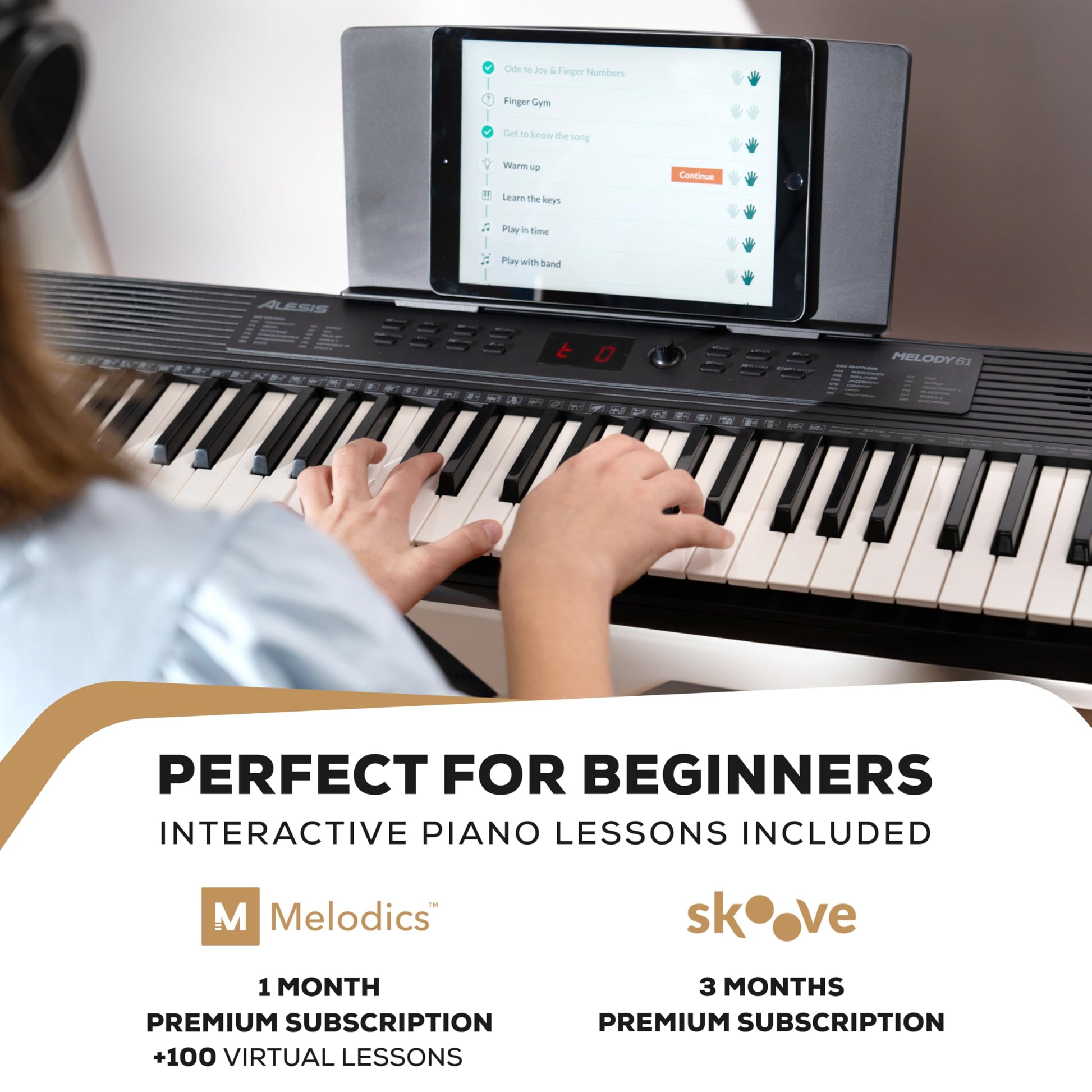 Alesis Melody 61 keyboard piano for beginners with 61 keys, speakers, stand, bench, headphones, and tablet/music stand.