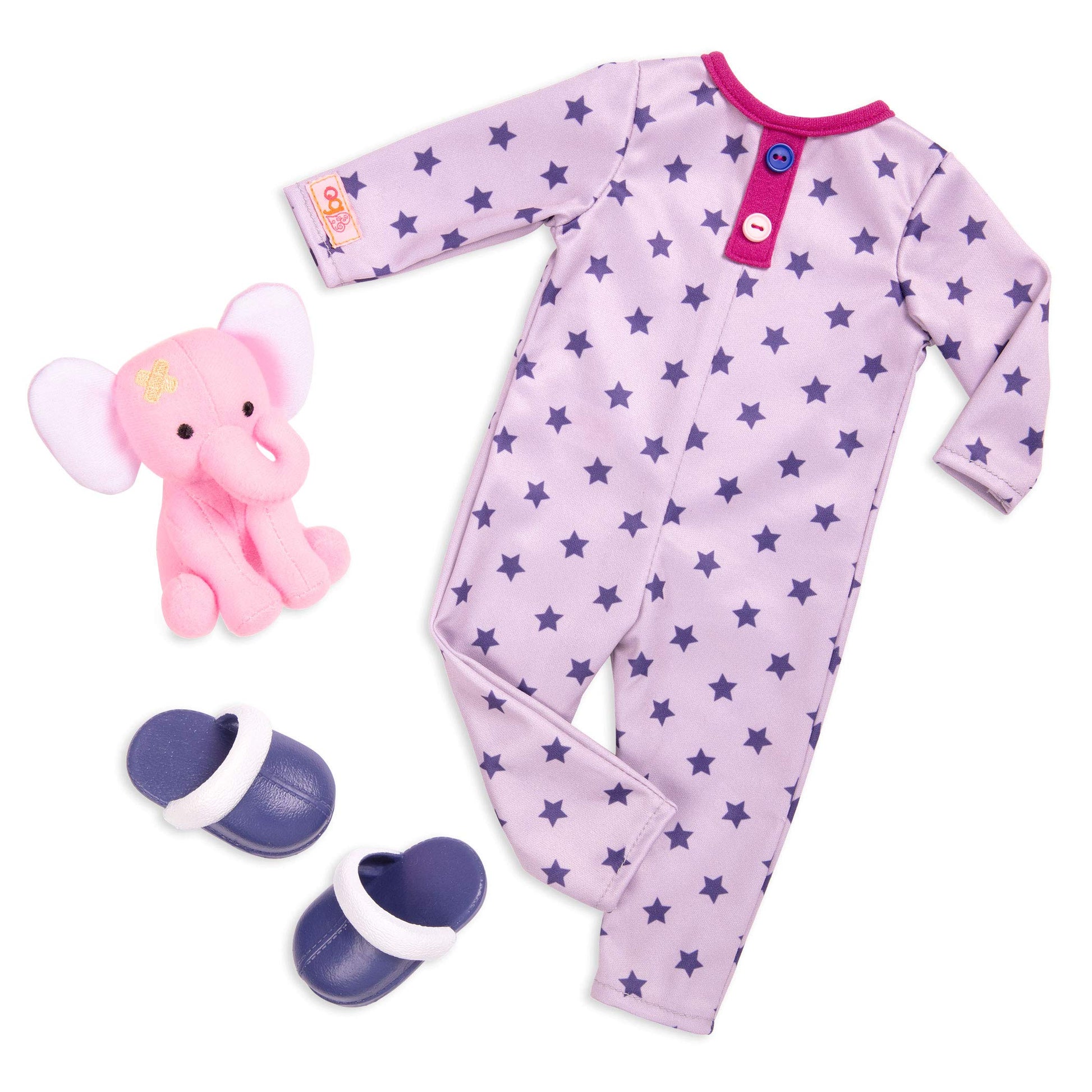 Our Generation Maria fashion doll in pink pyjama onesie holding an elephant plush toy, poseable doll for children aged 3 to 12.