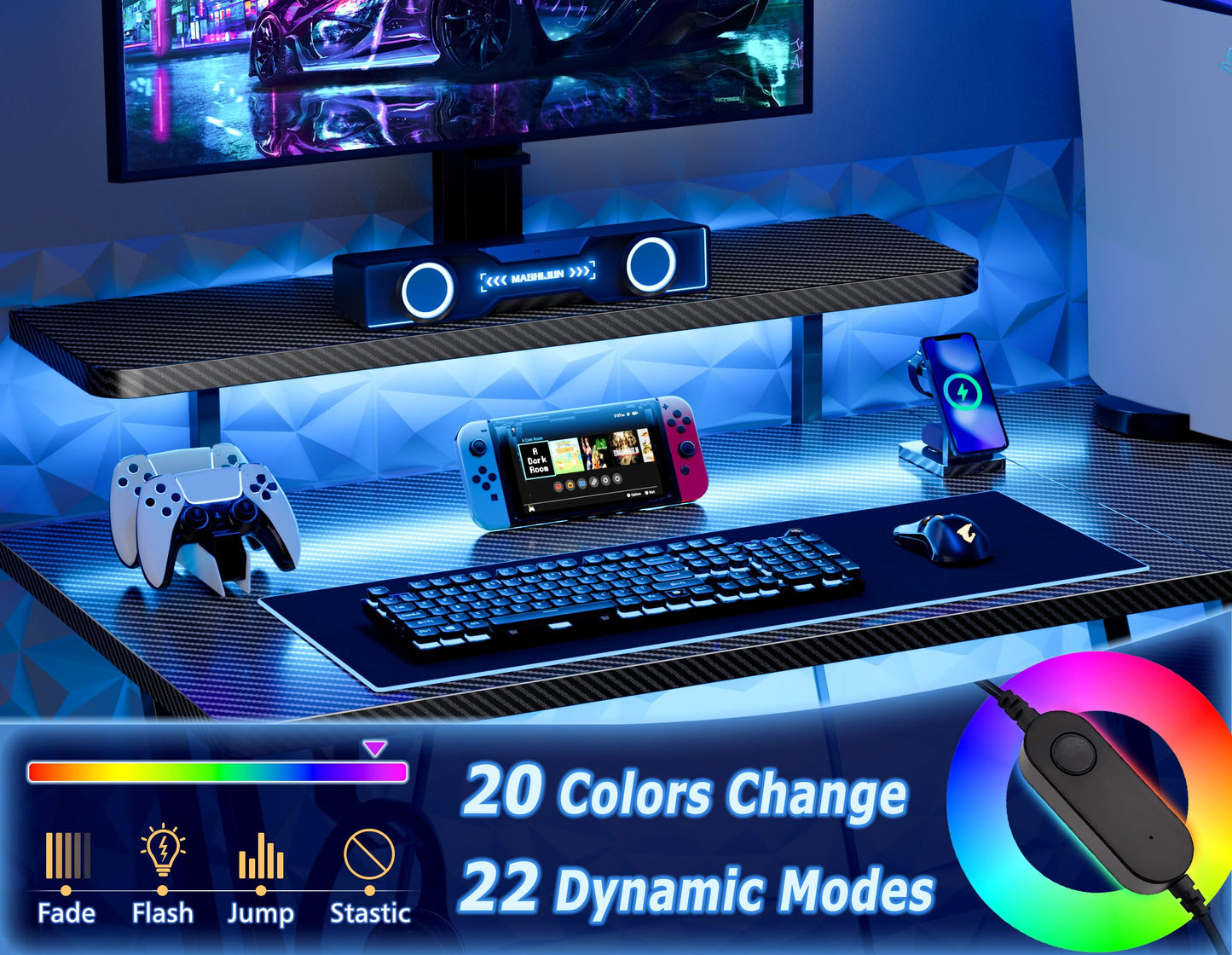 HOMIDEC Gaming Desk with LED Lights, 100CM Computer Desk with Monitor Stand, L Shaped Corner Desk with Headphone Hook and Shelves for Gaming Room, Bedroom, Office, Black