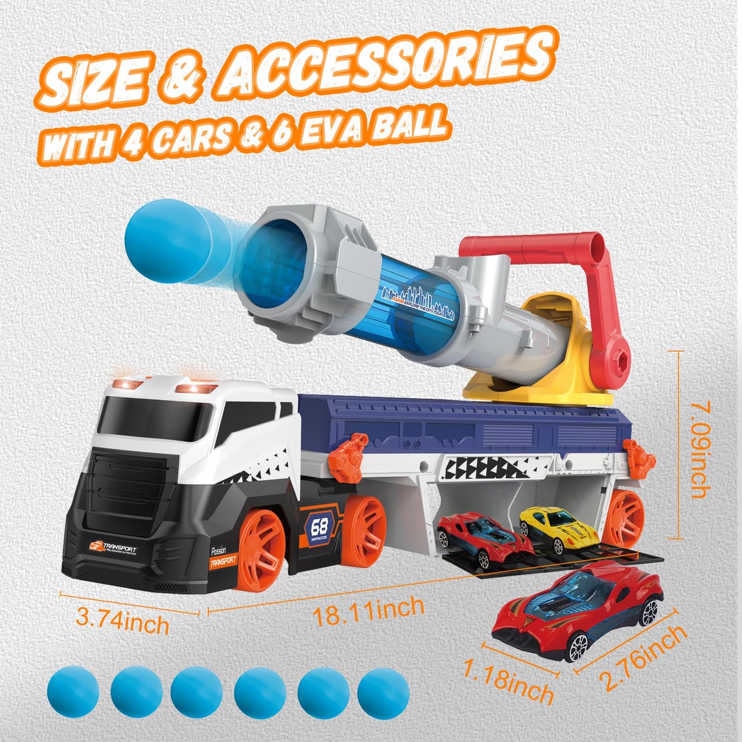 lerrbo Transport Truck Toys for Kid Boys 3-5, EVA Ball Launcher Car and Garage Car Toys with Light & Sound, Shooting Toy Sets, Birthday Gifts for Kid Boys Age 4-6