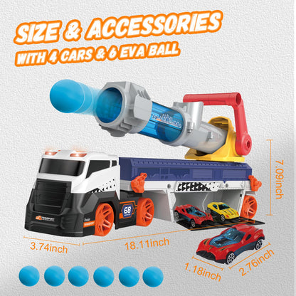 lerrbo Transport Truck Toys for Kid Boys 3-5, EVA Ball Launcher Car and Garage Car Toys with Light & Sound, Shooting Toy Sets, Birthday Gifts for Kid Boys Age 4-6