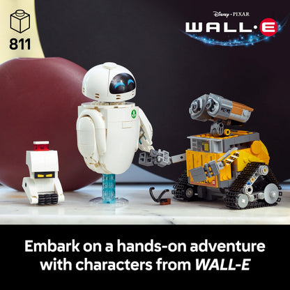 LEGO Disney Pixar WALL-E and EVE display model kit featuring brick-built robots and M-O & Hal figures.